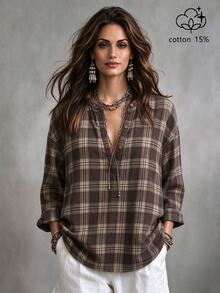 Linhara CURVE Plus Size Woven Check Pattern Autumn Women's Shirt Christmas - Brown - View 3