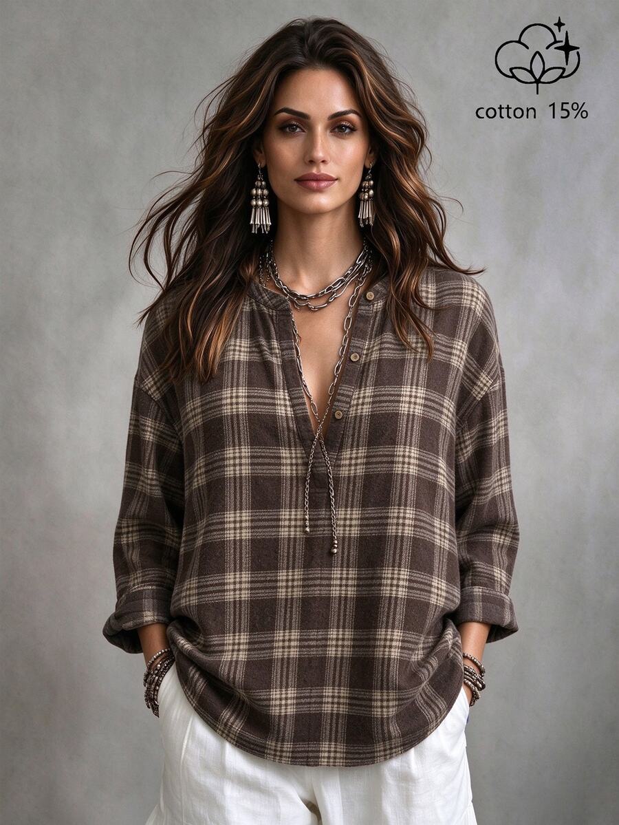 Linhara CURVE Plus Size Woven Check Pattern Autumn Women's Shirt Christmas - Brown - View 1