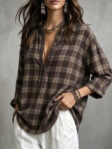 Linhara CURVE Plus Size Woven Check Pattern Autumn Women's Shirt Christmas - Brown - View 6