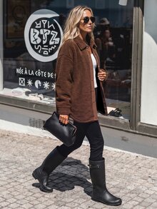 LanaWest Women's Casual Fashion Holiday Style Brown Teddy Fleece Drop Shoulder Open Front Button-Up Loose Fit Regular Jacket, Autumn/Winter - Brown - View 4