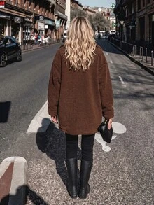 LanaWest Women's Casual Fashion Holiday Style Brown Teddy Fleece Drop Shoulder Open Front Button-Up Loose Fit Regular Jacket, Autumn/Winter - Brown - View 3