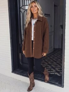 LanaWest Women's Casual Fashion Holiday Style Brown Teddy Fleece Drop Shoulder Open Front Button-Up Loose Fit Regular Jacket, Autumn/Winter - Brown - View 2