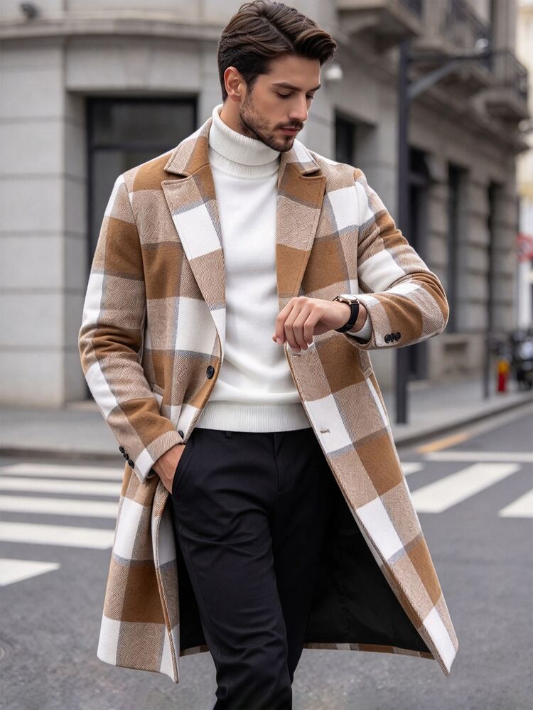 Manfinity CasualCool Áo khoác nam tay dài cài cúc họa tiết kẻ caro, phong cách mùa thu đông - Nhiều màu - Xem 5