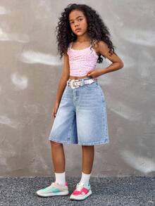Coolane Kids Quần short denim dáng rộng nhiều túi, cài cúc phía trước, dành cho bé gái tuổi teen, quần short denim, phong cách thường ngày, mùa thu, trở lại trường học, thời trang đường phố Y2K, grunge. - Rửa nhẹ - Xem 4
