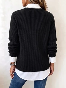 Zayélia Women's Knitted Casual Everyday Autumn T-Shirt - Black - View 3