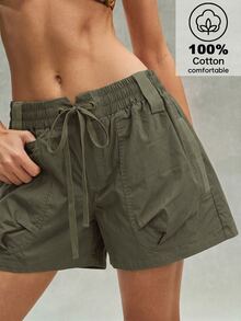 Bohemela Plus Size Women's Solid Color Waist Tie Loose Casual Shorts - Green - View 1