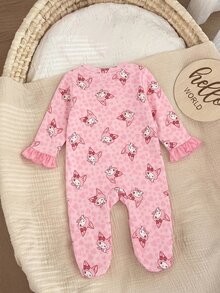 SHEIN 新生兒可愛動物印花兒童荷葉邊拼接加厚彈性前開襟連腳連身衣，適合秋冬冬季穿著 - 粉色 - 查看 2