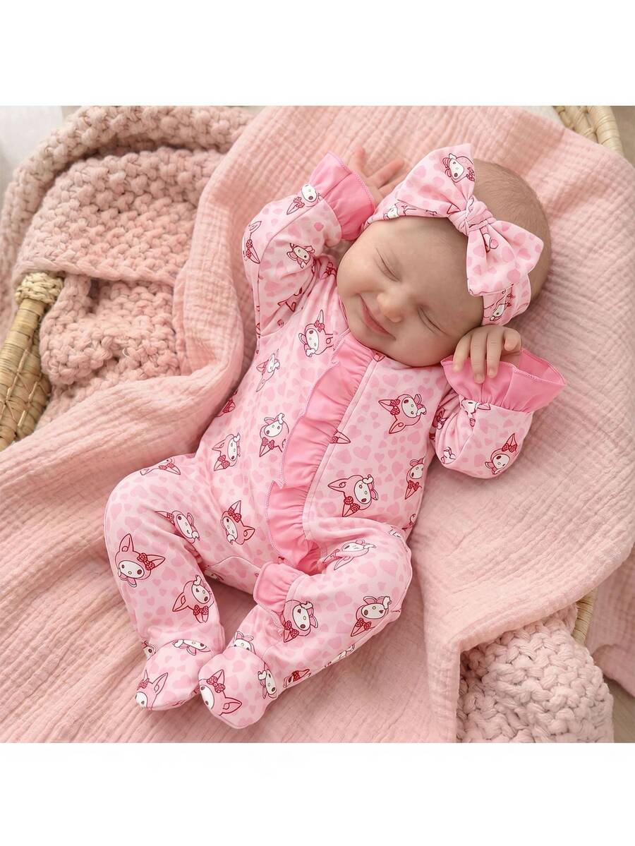 SHEIN Newborn Cute Animal Print Kids Ruffle Trim Patchwork Thick Elastic Open Front Footed Autumn Romper Wear Suitable For Winter - Pink - View 1