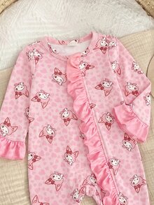 SHEIN 新生兒可愛動物印花兒童荷葉邊拼接加厚彈性前開襟連腳連身衣，適合秋冬冬季穿著 - 粉色 - 查看 4