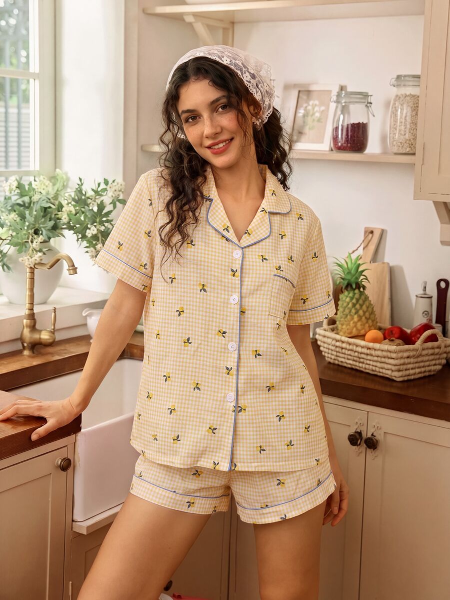 Tulorae Women's New Lemon Plaid Print Button-Front Short Sleeve Shorts Pajama Set - Yellow - View 1