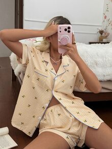 Tulorae Women's New Lemon Plaid Print Button-Front Short Sleeve Shorts Pajama Set - Yellow - View 5