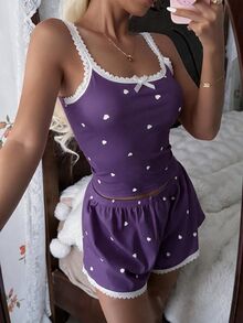 Tulorae 女士粉色爱心罗纹蕾丝真丝吊带短裤睡衣套装 - 紫色 - 查看 7