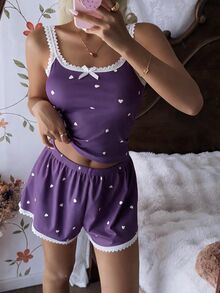 Tulorae 女士粉色爱心罗纹蕾丝真丝吊带短裤睡衣套装 - 紫色 - 查看 6