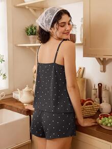 Tulorae Women's Light Blue Knit Ribbed Heart Print Lace Trim Romantic Sweet Cute Sexy Camisole & Shorts Pajama Set - Dark Grey - View 2