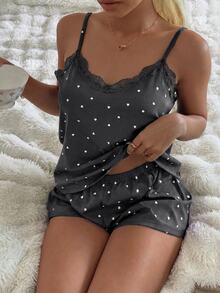 Tulorae Women's Light Blue Knit Ribbed Heart Print Lace Trim Romantic Sweet Cute Sexy Camisole & Shorts Pajama Set - Dark Grey - View 6