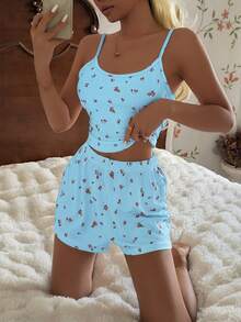 Tulorae 2pcs Ditsy Floral Camisole And Shorts Pajama Set, Sweet And Comfortable For Summer - Blue - View 7