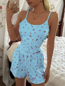 Tulorae 2pcs Ditsy Floral Camisole And Shorts Pajama Set, Sweet And Comfortable For Summer - Blue - View 6