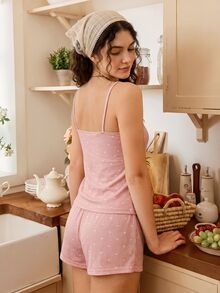 Tulorae Knitted Rib Fabric, Heart Print Patchwork With Lace Trim, Romantic Sweet Cute Sexy Camisole Women Summer Sets Outfit Pajamas Polka Dot Short Set PJS - Pink - View 2