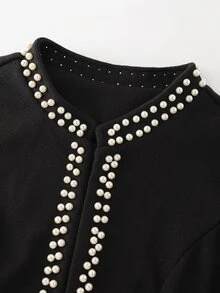 SHEIN Clasi Women's Autumn/Winter Faux Pearl Decor Patchwork Fur Cuff Elegant Overcoat - Black - View 5