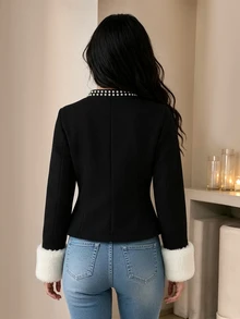 SHEIN Clasi Women's Autumn/Winter Faux Pearl Decor Patchwork Fur Cuff Elegant Overcoat - Black - View 2