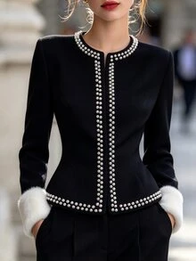 SHEIN Clasi Women's Autumn/Winter Faux Pearl Decor Patchwork Fur Cuff Elegant Overcoat - Black - View 1