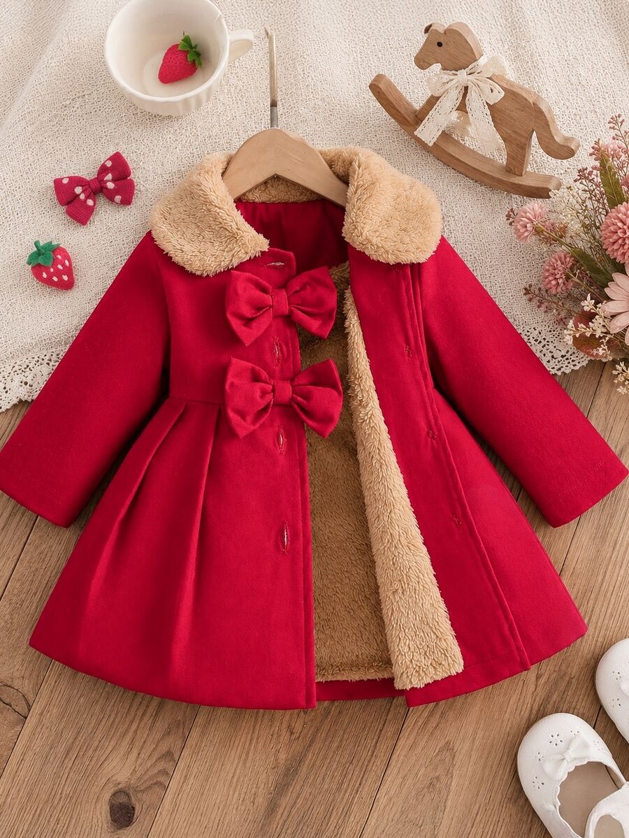SHEIN Baby Girls' Faux Fur Collar Bow Decor Trench Coat, Autumn/Winter Fall Wedding Formal Club Wedding Guest Red Cute Kawaii