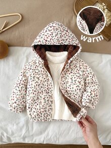 SHEIN Baby Girls Floral Pattern Thermal Lined Hooded Winter Jacket - Multicolor - View 5