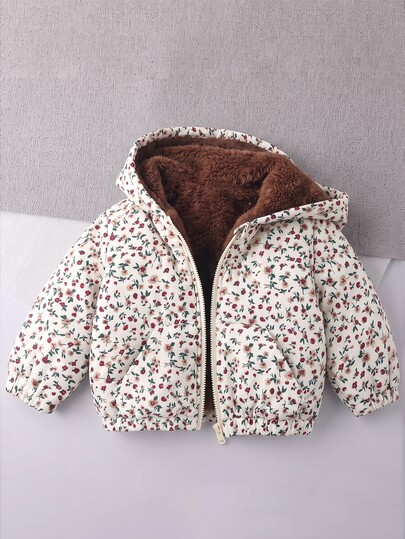 SHEIN Chaqueta de invierno con capucha y forro térmico con estampado floral para niñas bebé