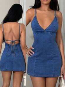 TRNVIE Elastic Strap Backless Denim Dress,Fall/Winter,New Year Outfit - Dark Wash - View 1