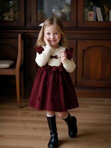SHEIN Kids Young Girl Young Girl Two Tone Bow Front Ruffle Trim 2 In 1 Sweater Autumn Winter Dress - Burgundy - View 3