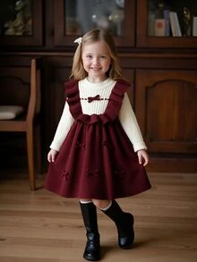 SHEIN Kids Young Girl Young Girl Two Tone Bow Front Ruffle Trim 2 In 1 Sweater Autumn Winter Dress - Burgundy - View 4