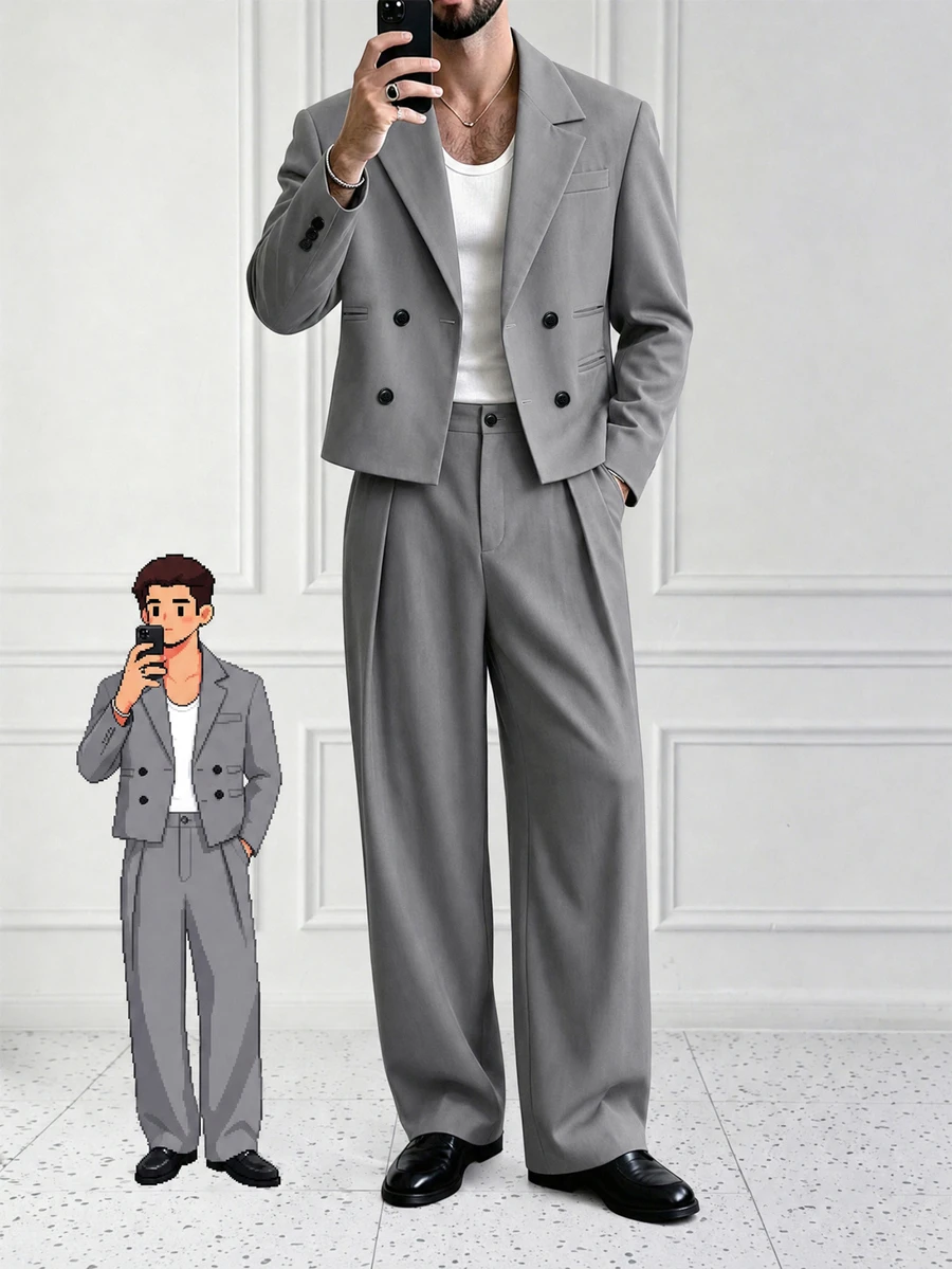 HUEFORM Men's Solid Color Casual Suit Set, Stylish Design, Suitable For Daily Commute, Relaxed Work Environment Or Semi-Formal Occasions, Also An Ideal Gift For Boyfriend And Husband - Grey - View 1