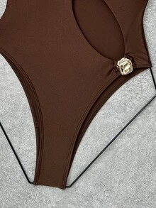 Bonvoyette 1pc Solid Color Hollow Out Asymmetric Metal Decor Swimsuit For Women Holiday Beach Party Pool Party Chocolate Brown Summer - Brown - View 7