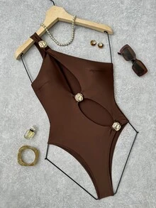 Bonvoyette 1pc Solid Color Hollow Out Asymmetric Metal Decor Swimsuit For Women Holiday Beach Party Pool Party Chocolate Brown Summer - Brown - View 5