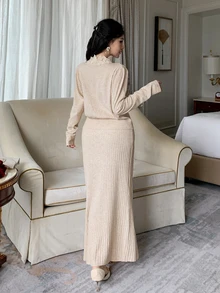 DAZY Women's Lace Patchwork Long Sleeve Sweater And Long Skirt 2 Pieces Set Fall - Apricot - View 8