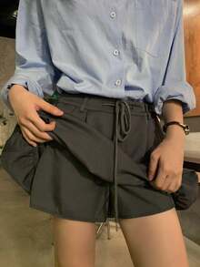 DAZY Rok Wanita Kasual Warna Polos Gaya Korea, untuk Sekolah - Grey - View 7