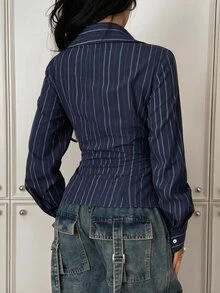 StreetHx Women's Striped Casual Versatile Everyday Outing Shirt - Navy Blue - View 2