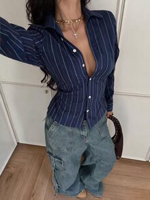 StreetHx Women's Striped Casual Versatile Everyday Outing Shirt - Navy Blue - View 1