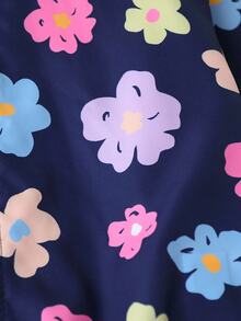 Tween Girl Fall Clothes Cute Cool Casual Hooded Jacket, Navy Blue Hand-Painted Flower Pattern, Zipper Front, School Daily, Autumn - Navy Blue - View 9