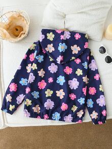 Tween Girl Fall Clothes Cute Cool Casual Hooded Jacket, Navy Blue Hand-Painted Flower Pattern, Zipper Front, School Daily, Autumn - Navy Blue - View 3