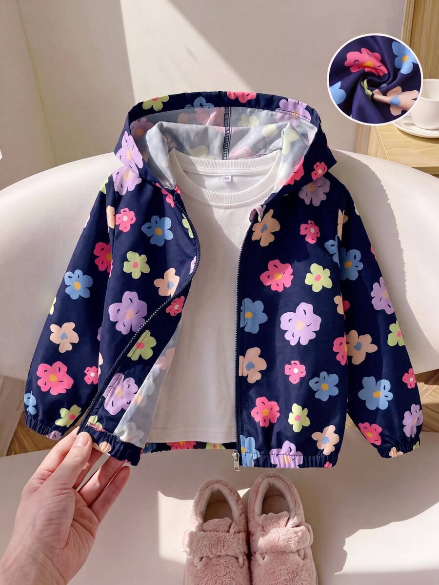 Tween Girl Fall Clothes Cute Cool Casual Hooded Jacket, Navy Blue Hand-Painted Flower Pattern, Zipper Front, School Daily, Autumn
