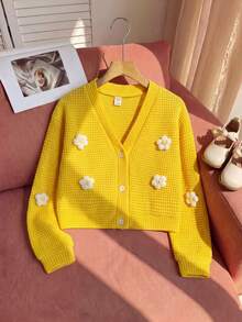 SHEIN Tween Girls Fall Clothes Khaki Long Sleeve Knitted Cardigan Jacket With Flower Zip Up Pattern, Casual Cute Kawaii Cool Autumn - Yellow - View 2