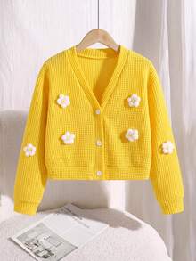 SHEIN Tween Girls Fall Clothes Khaki Long Sleeve Knitted Cardigan Jacket With Flower Zip Up Pattern, Casual Cute Kawaii Cool Autumn - Yellow - View 4