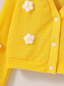 SHEIN Tween Girls Fall Clothes Khaki Long Sleeve Knitted Cardigan Jacket With Flower Zip Up Pattern, Casual Cute Kawaii Cool Autumn - Yellow - View 8