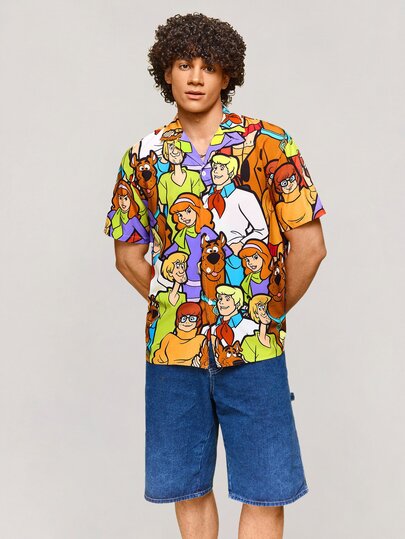 SCOOBY-DOO X SHEIN Men's Cartoon Pattern Front Button Short Sleeve Shirt, Summer