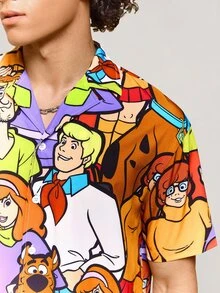 SCOOBY-DOO X SHEIN Men's Cartoon Pattern Front Button Short Sleeve Shirt, Summer - Multicolor - View 5