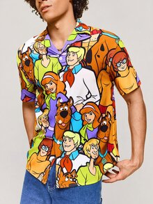 SCOOBY-DOO X SHEIN Men's Cartoon Pattern Front Button Short Sleeve Shirt, Summer - Multicolor - View 4