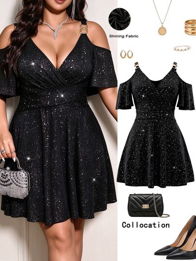Femmeverse Plus Size Women's Black Sequin V-Neck Cold Shoulder Patchwork Fashion Gold Chain Bodycon Knee-Length Party Dress, Flared Short Sleeves, A-Line Full Skirt