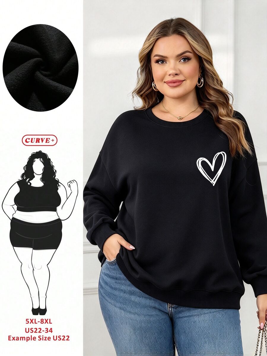 SHEIN CURVE+ Plus Size Women's Heart-Shaped Printed Round Neck Sweatshirt Fall Cloth For Women Winter Autumn - Black - View 1
