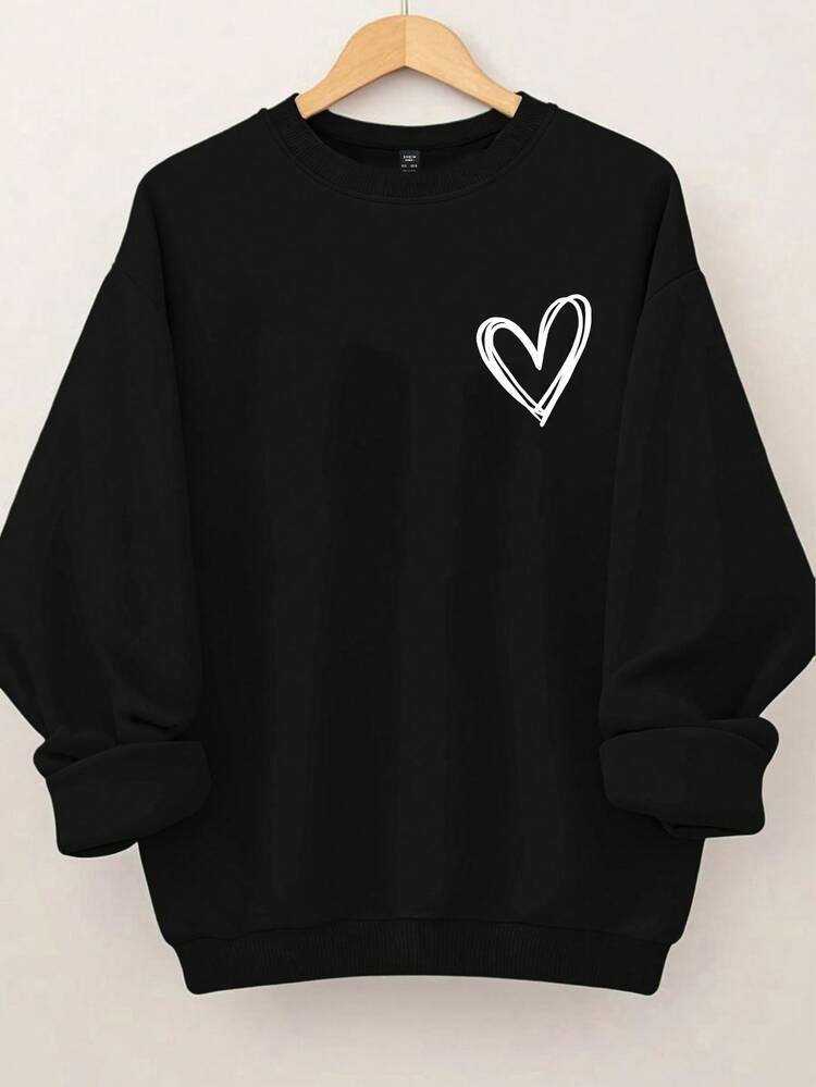 SHEIN CURVE+ Plus Size Women's Heart-Shaped Printed Round Neck Sweatshirt Fall Cloth For Women Winter Autumn - Black - View 3